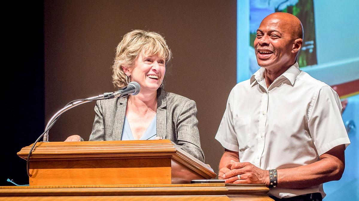 Raymond Bonner and Diana Holt speak in Laurie Auditorium